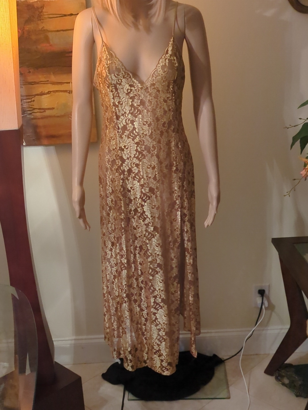 Victoria's Secret Gold Floral Lace Maxi Slip Dress,Size  M.